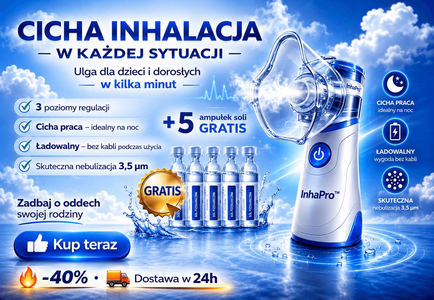 InhaPro™ - Natychmiastowa ulga w oddychaniu + 5 ampułek soli GRATIS